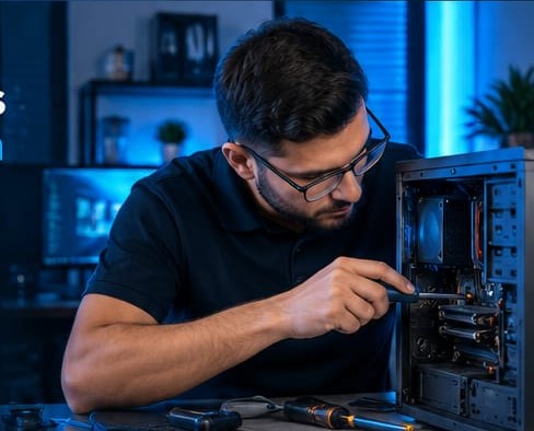 Técnico realizando mantenimiento a un computador